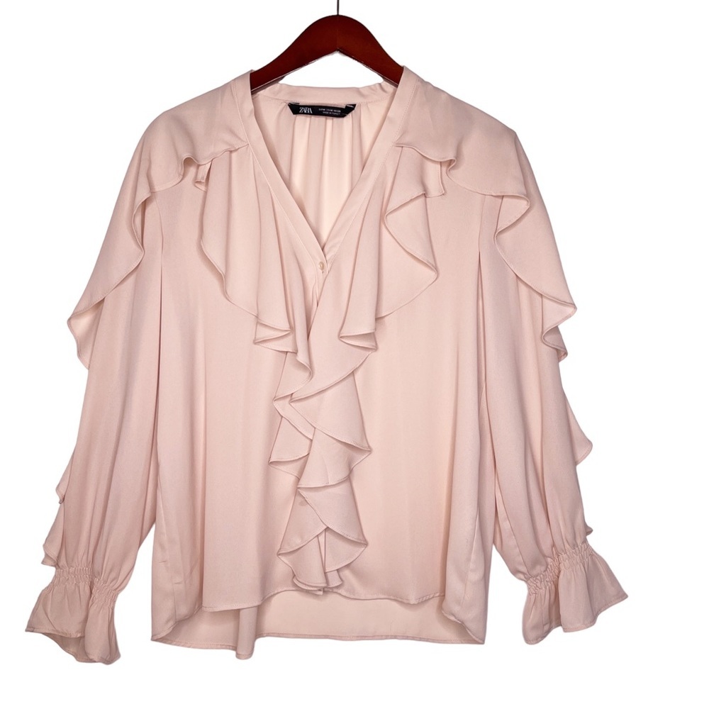 ZARA Ruffle Sleeve Ruffle Button Front Peasant Blouse Size Medium in Dusty Pink